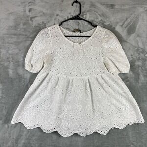 Ana & Rose Top Blouse Women's M White Eyelet Puff Sleeve Cotton